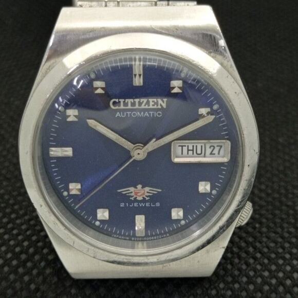 Vintage 1977 Citizen Automatic Mens Silver Watch W/daydate & Blue accents - Picture 4 of 8